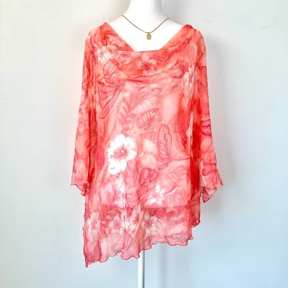 Vintage Picadilly Orange and Pink Floral Asymmetrical Sheer Blouse 3/4 Sleeves - Picture 11 of 15